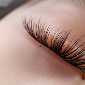 A close-up of a pair of long, dark, voluminous eyelashes.