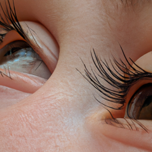 A close-up of a pair of eyes with long, bold eyelashes.