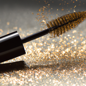 A closeup of a mascara wand swirling through a pool of shimmering gold glitter.