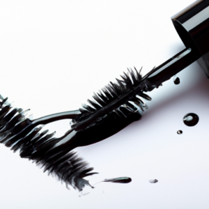 A close-up of a mascara wand with a black, glossy streak of liquid mascara.