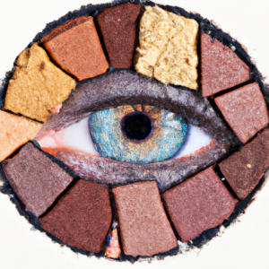 A close-up of an abstract eye shape made of different colors of eyeshadow.