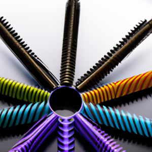A close-up of a rainbow of colorful mascara tubes arranged in a fan-like shape.