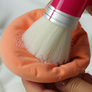 A close-up of a makeup brush being cleaned with a cloth or sponge.