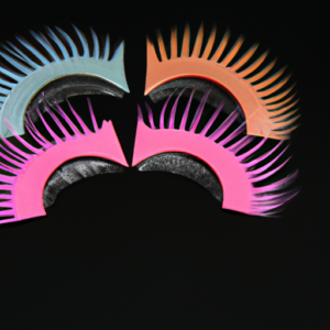 A close-up of a colorful set of false eyelashes against a black background.