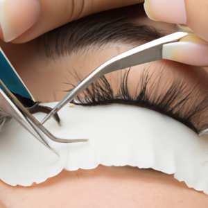A pair of tweezers delicately removing a strip of false lashes from a woman's eye.