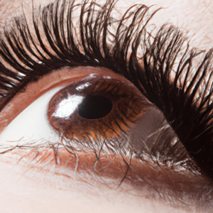 A closeup of a pair of eyelashes with mascara applied, emphasizing the length and shape of the lashes.