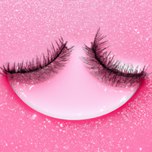 A pair of eyelashes floating in a pool of pink liquid with glittery sparkles.