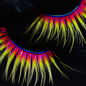 A pair of lush, fluttery eyelashes in rainbow colors against a black background.