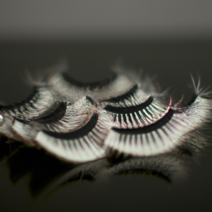 A close-up of a set of false eyelashes against a black background with a soft focus.