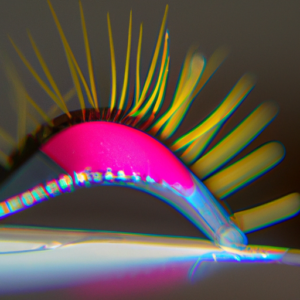 A close-up of a colorful magnetic eyelash with a soft, glowing light around it.