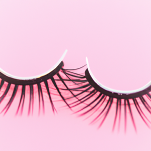 A close-up image of a pair of false eyelashes against a bright pink background.