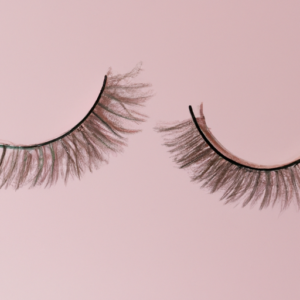A pair of eyelashes on a pastel pink background with a hint of shimmer.