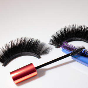 A pair of eyelashes with several colorful mascara brushes next to them.