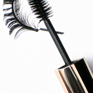 A close-up of a mascara wand with curled upper lashes.