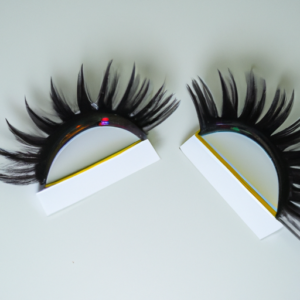 A close-up of a pair of colorful false eyelashes with magnetic ends.