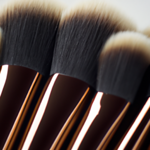 A close up of several makeup brushes arranged in a fan shape.