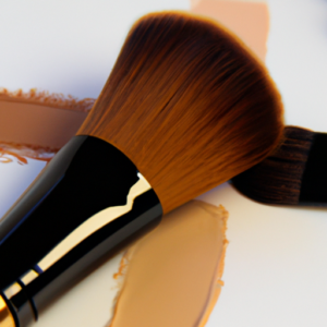 A close-up of a makeup brush swatching a range of bronzer and contour shades on a white background.