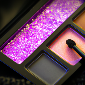 A close-up of a pink and purple eye makeup palette with a mascara brush in the center.