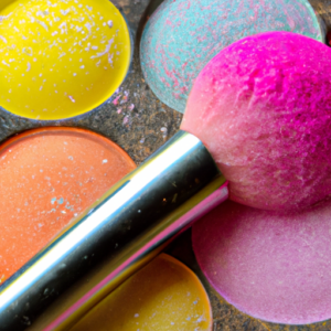 A close-up of a colorful makeup palette with makeup brush and sponge.