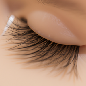 A close-up of a pair of long, curled eyelashes.