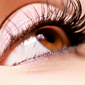 A close-up of a single eye with bold, voluminous lashes.